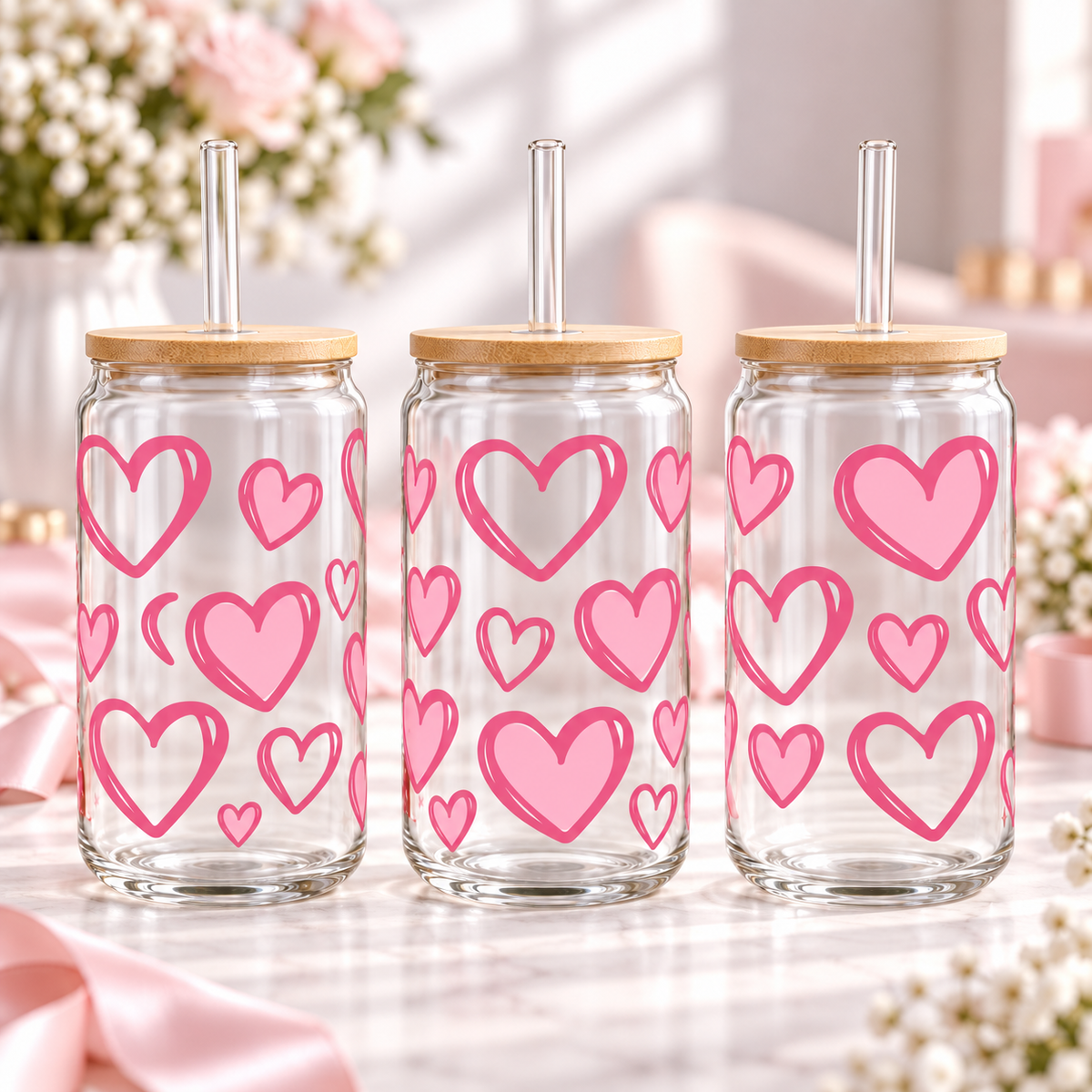 Bubblegum Pink Hearts clear 16oz glass can — three views; listing includes one cup