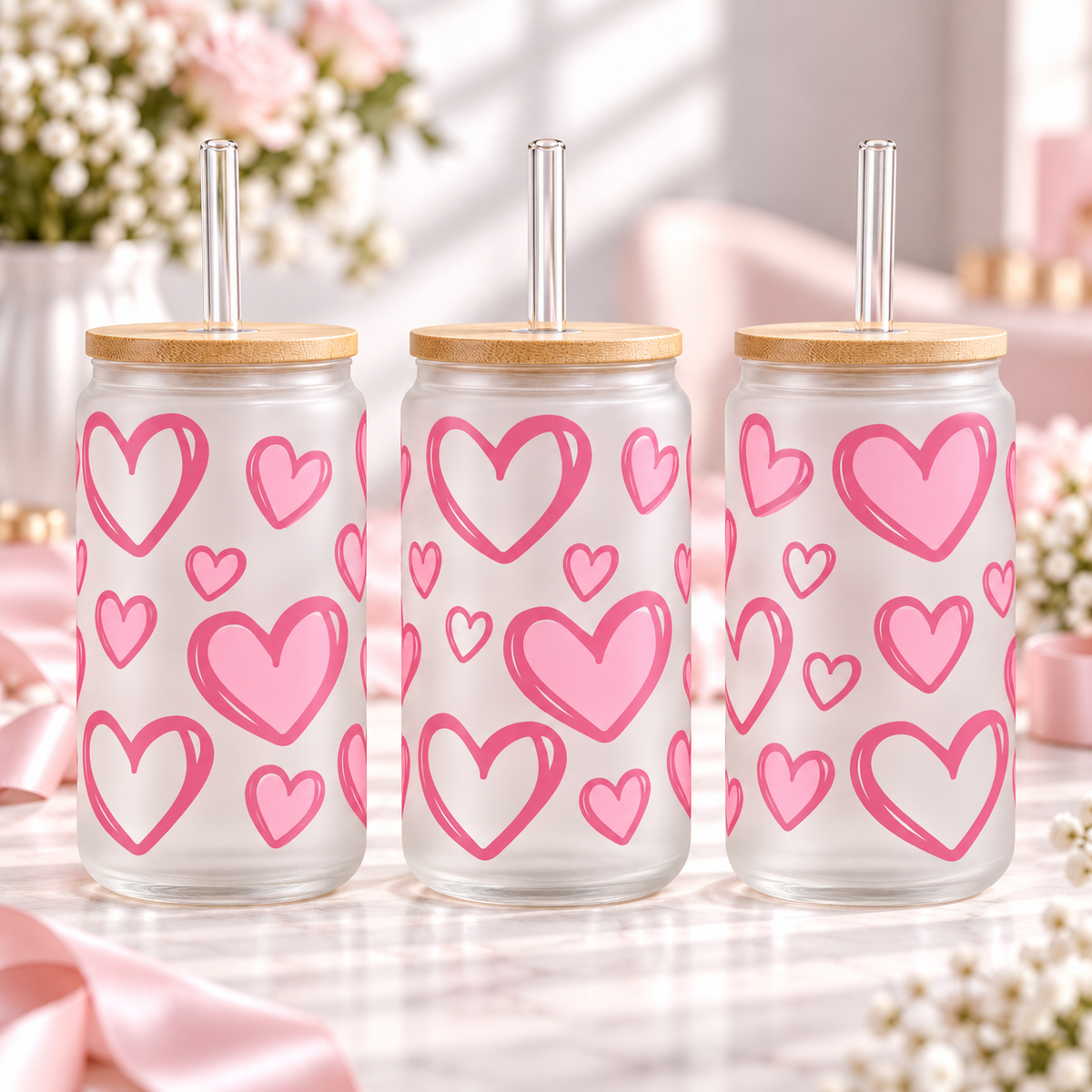 Bubblegum Pink Hearts frosted 16oz glass can — three views; listing includes one cup