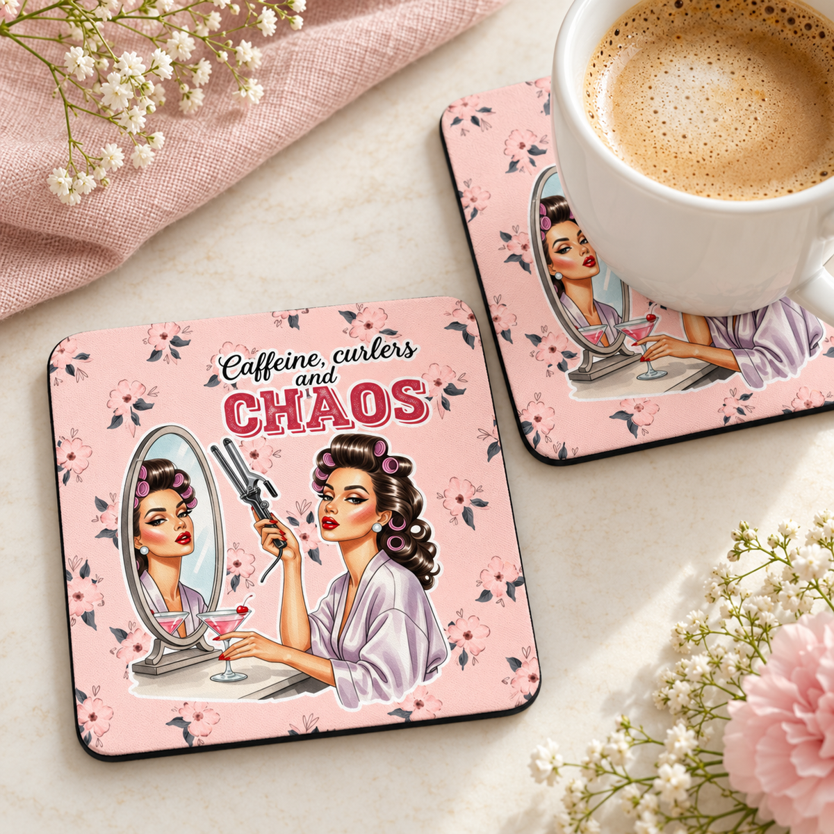 Caffeine Curlers and Chaos square coaster set of two with thin black rubber backing