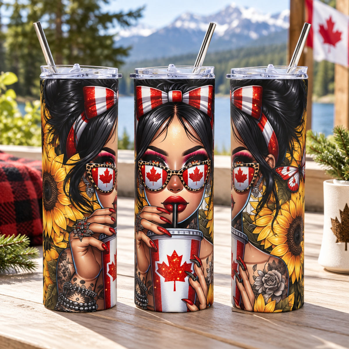 Canada Day Glam 20oz Tumbler – Fashionable Canadian Pride Cup – three-tumbler realistic lifestyle mockup