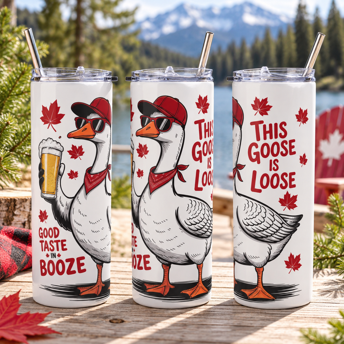 Canada Day Party Goose 20oz Tumbler – Funny Canadian Gift – three-tumbler realistic lifestyle mockup