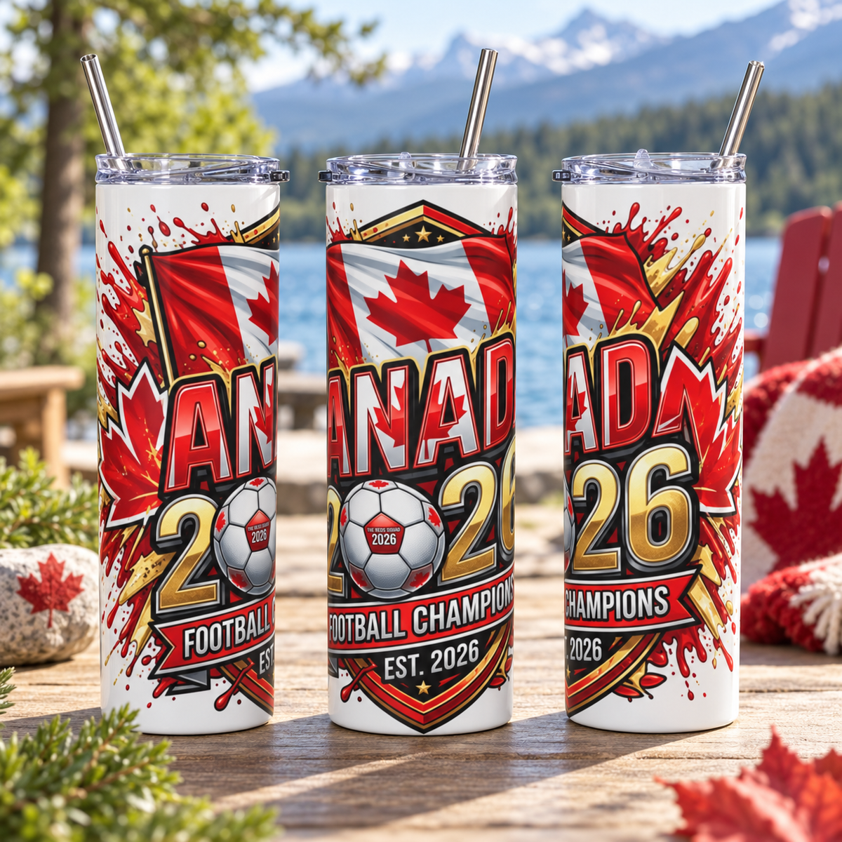 Canada 2026 Football Tumbler – Canadian Soccer Fan Gift – three-tumbler realistic lifestyle mockup