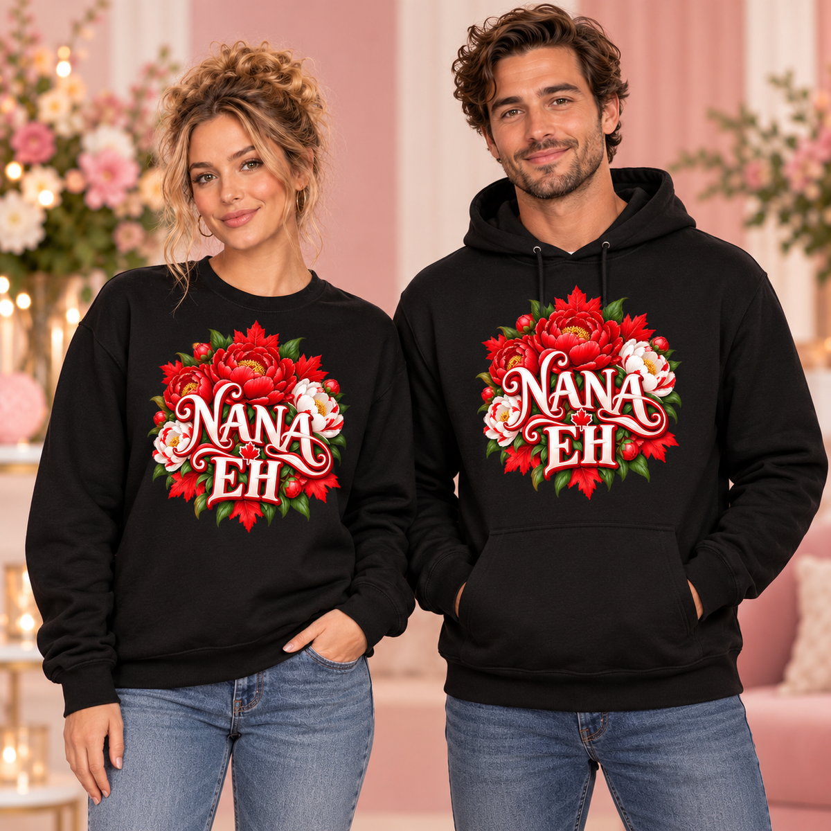 Nana Eh black crewneck sweatshirt and hoodie