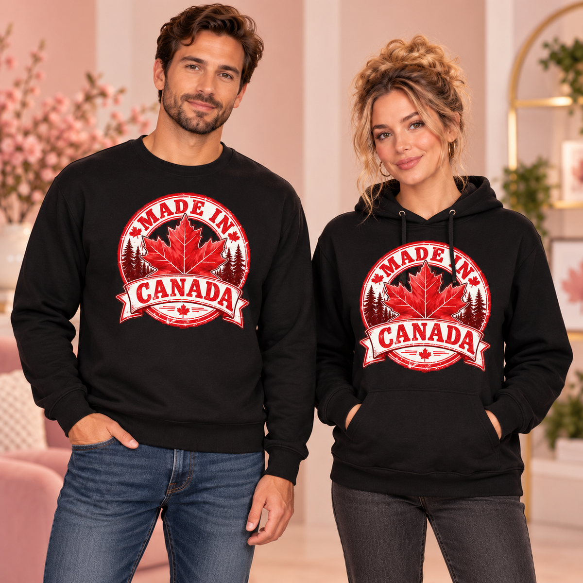 Made in Canada black crewneck sweatshirt and hoodie