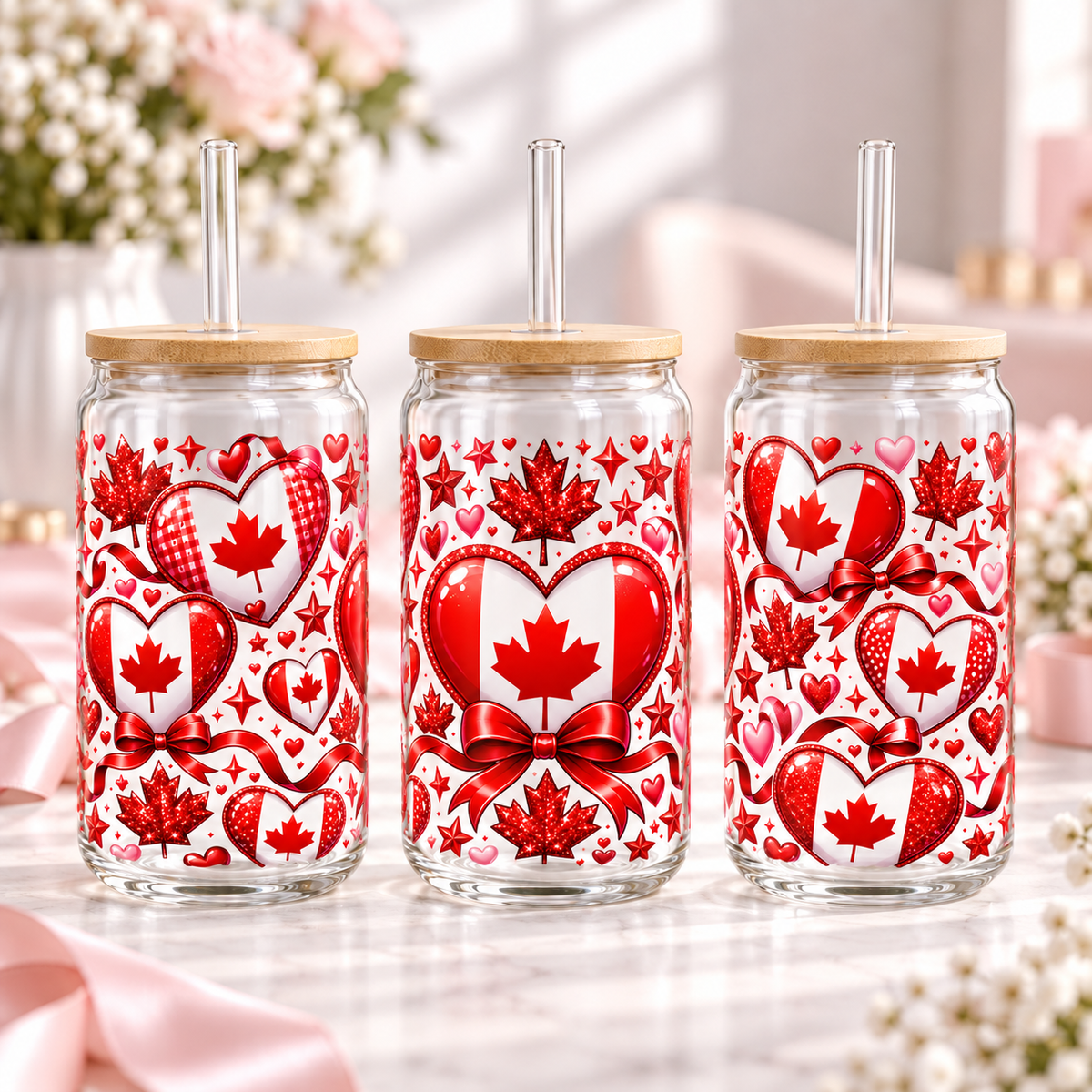 Flag Hearts clear 16oz glass can