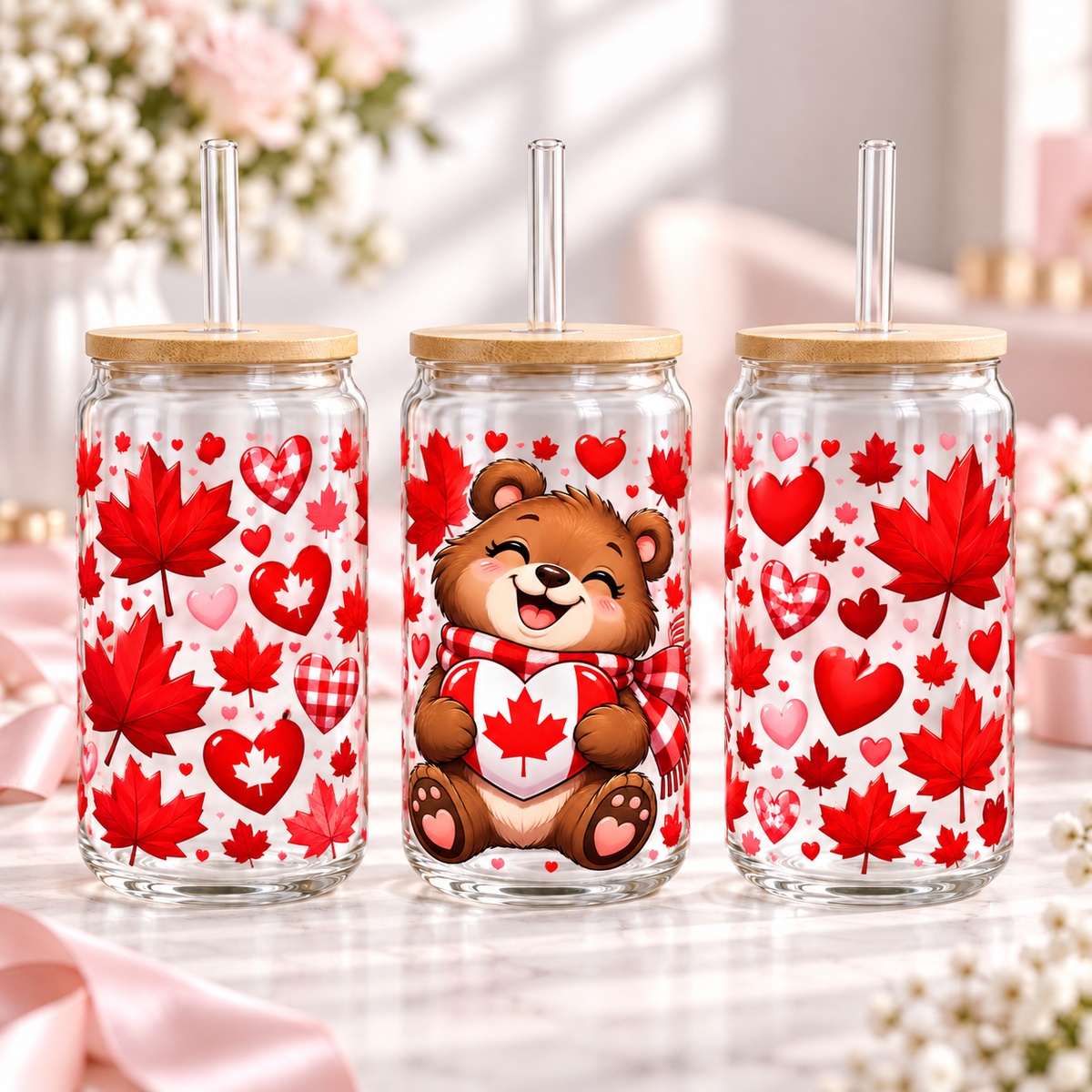 Maple Heart Bear clear 16oz glass can