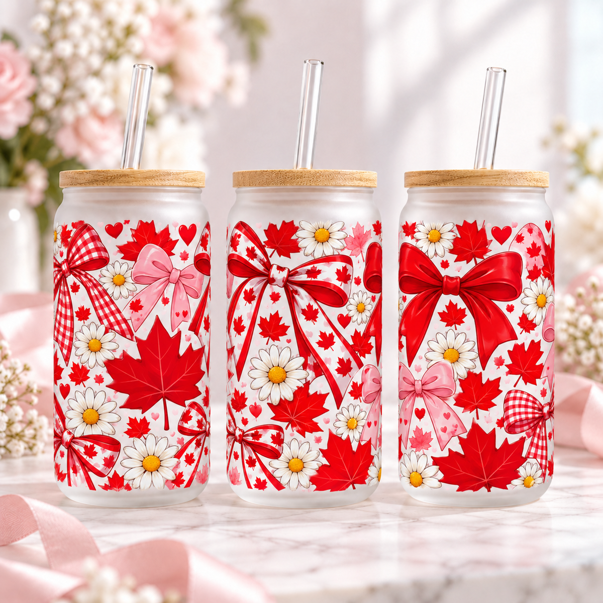 Bows & Daisies frosted 16oz glass can