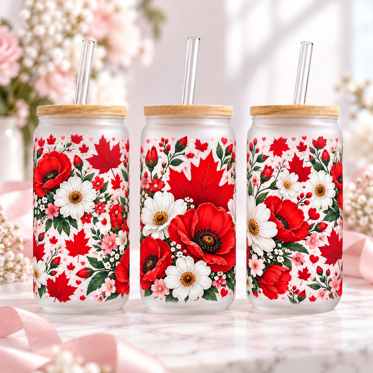 Canadian Florals frosted 16oz glass can