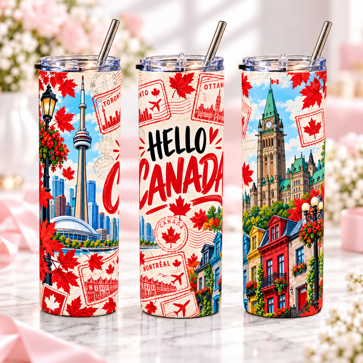 Hello Canada 20oz metal tumbler, three views of one design
