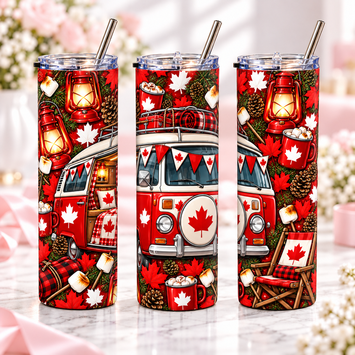 Canadian Camper 20oz metal tumbler, complementary views of one design