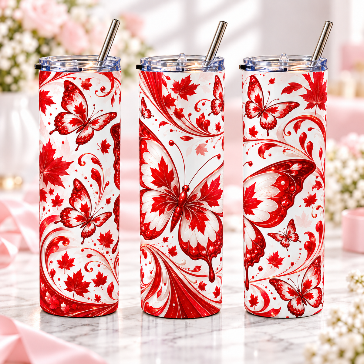 Maple Butterflies 20oz metal tumbler, complementary views of one design