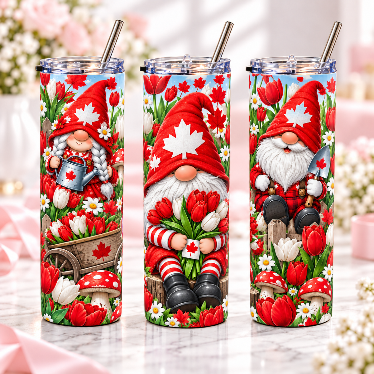 Garden Gnomes 20oz metal tumbler, complementary views of one design