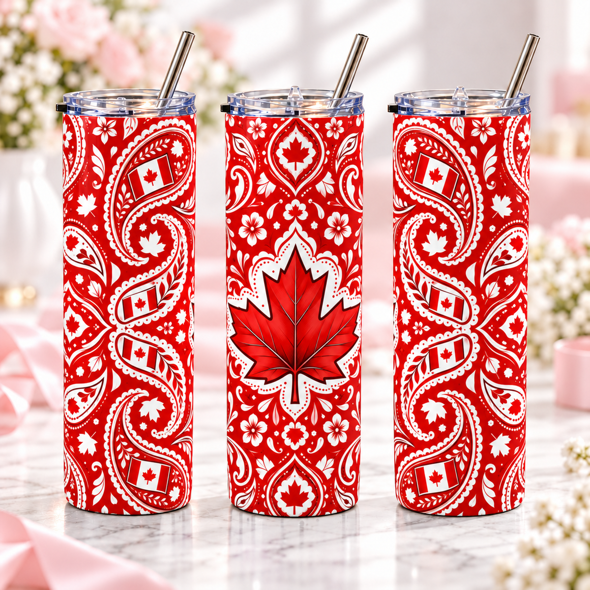 Canadian Paisley 20oz metal tumbler, complementary views of one design