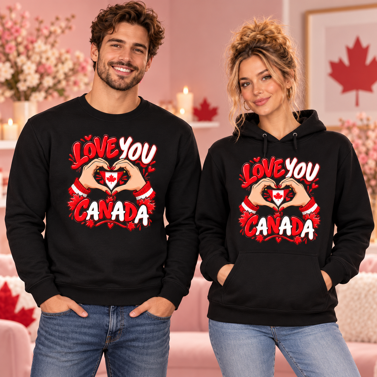 Love You Canada black crewneck sweatshirt and hoodie