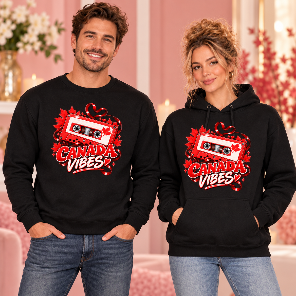 Canada Vibes black crewneck sweatshirt and hoodie