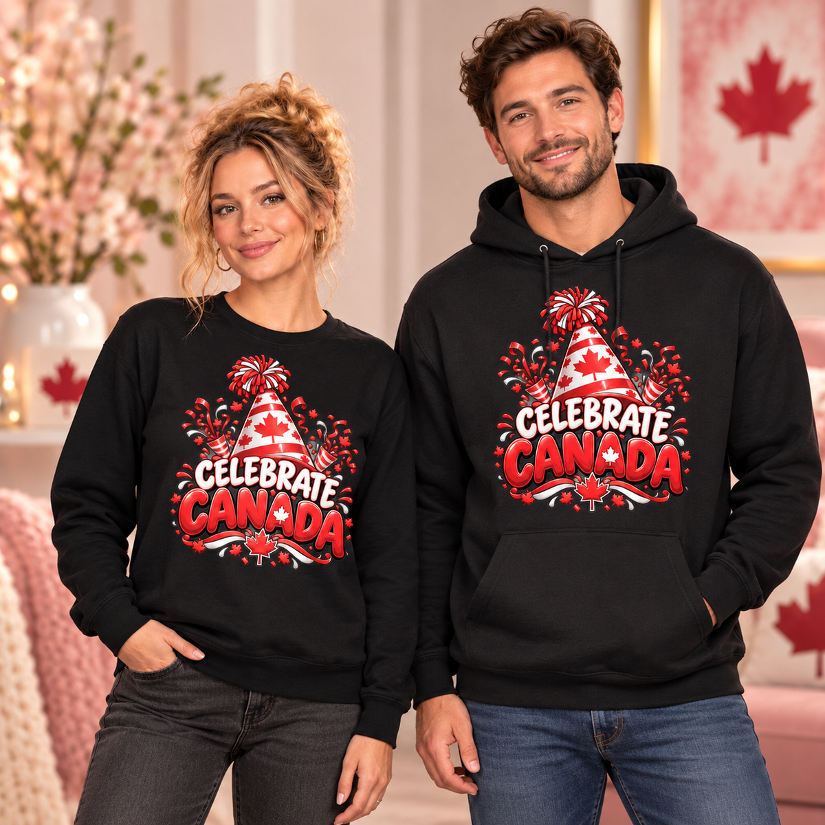 Celebrate Canada black crewneck sweatshirt and hoodie