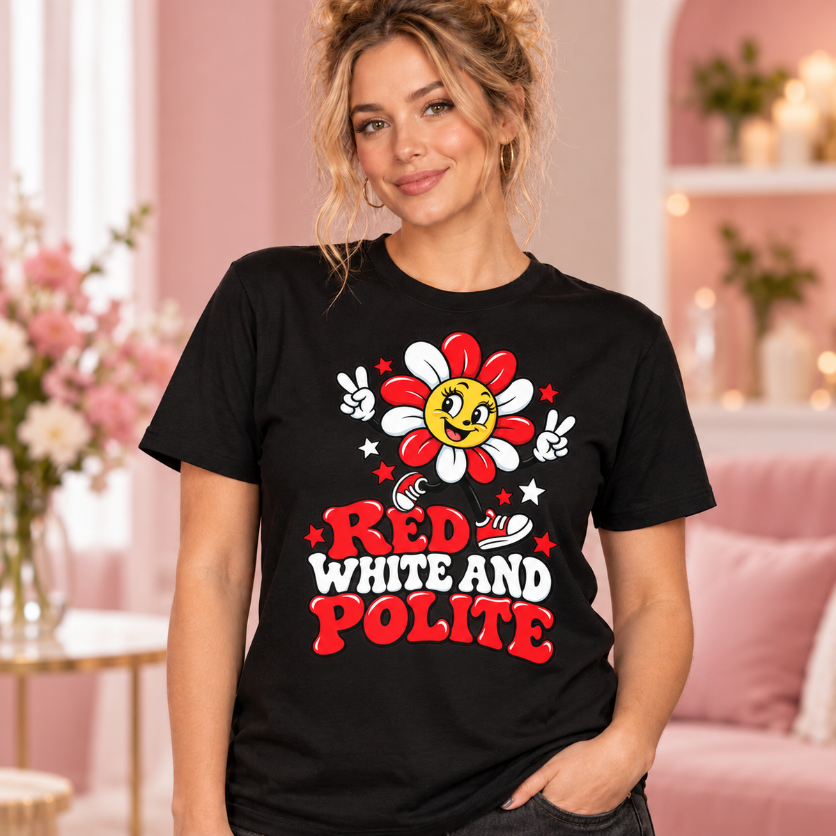 Red White and Polite black T-shirt