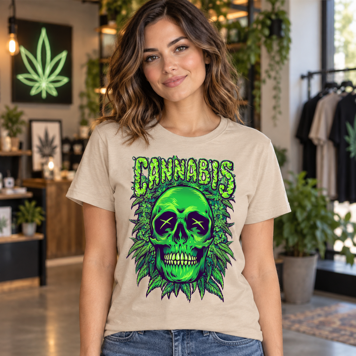 Cannabis Skull graphic on a beige T-shirt