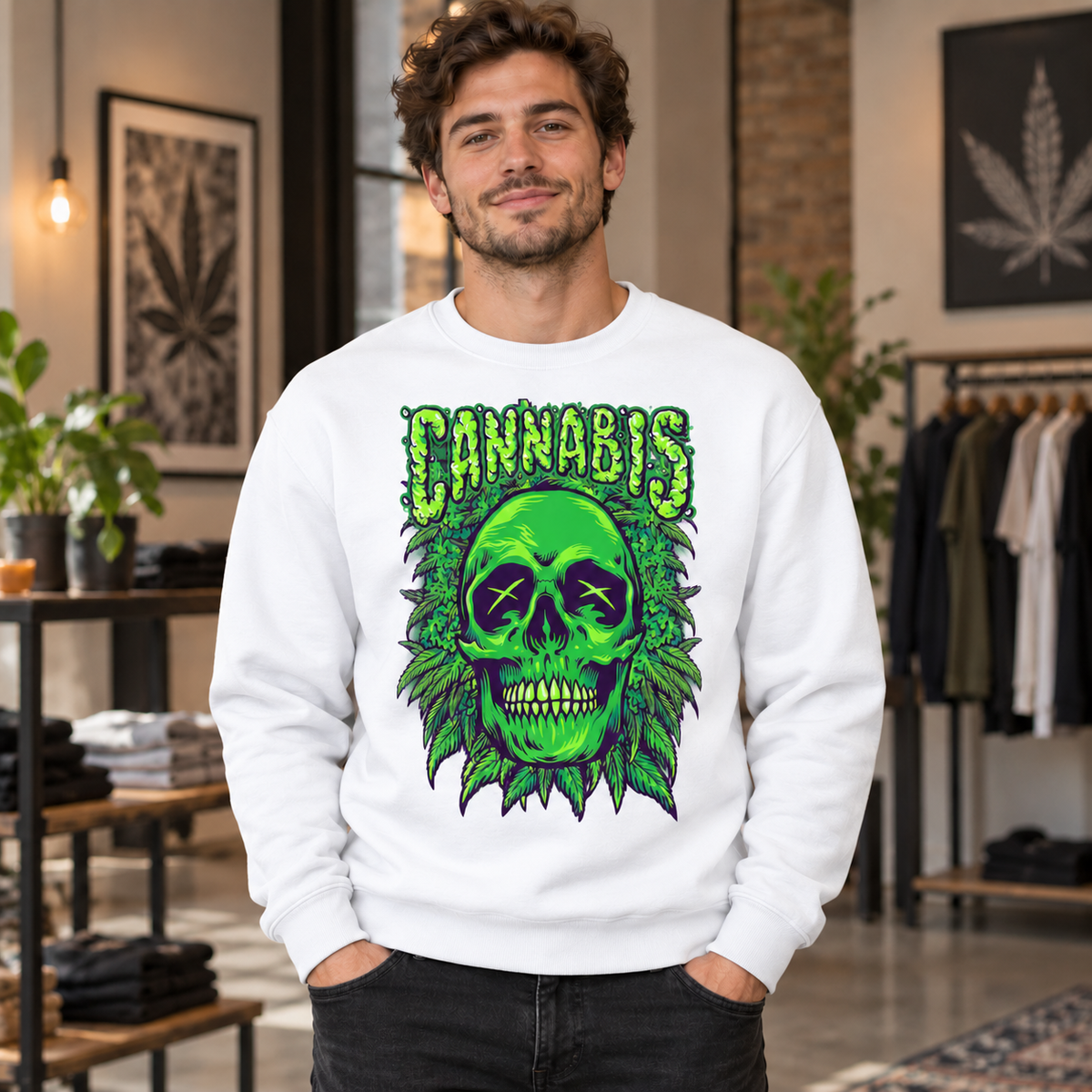 Cannabis Skull Graphic Apparel on White Crewneck