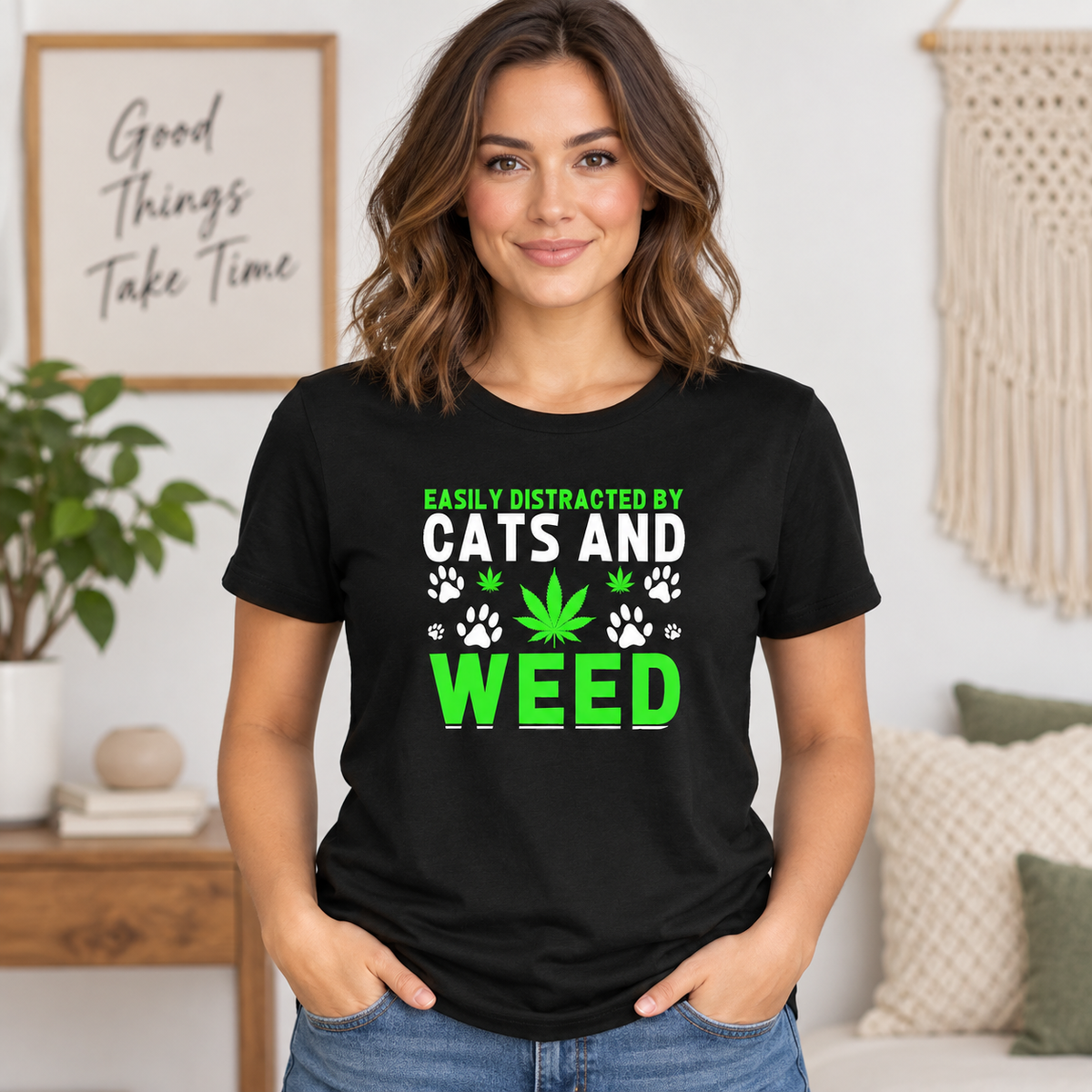Easily Distracted By Cats And Weed Graphic Apparel on Black T-Shirt