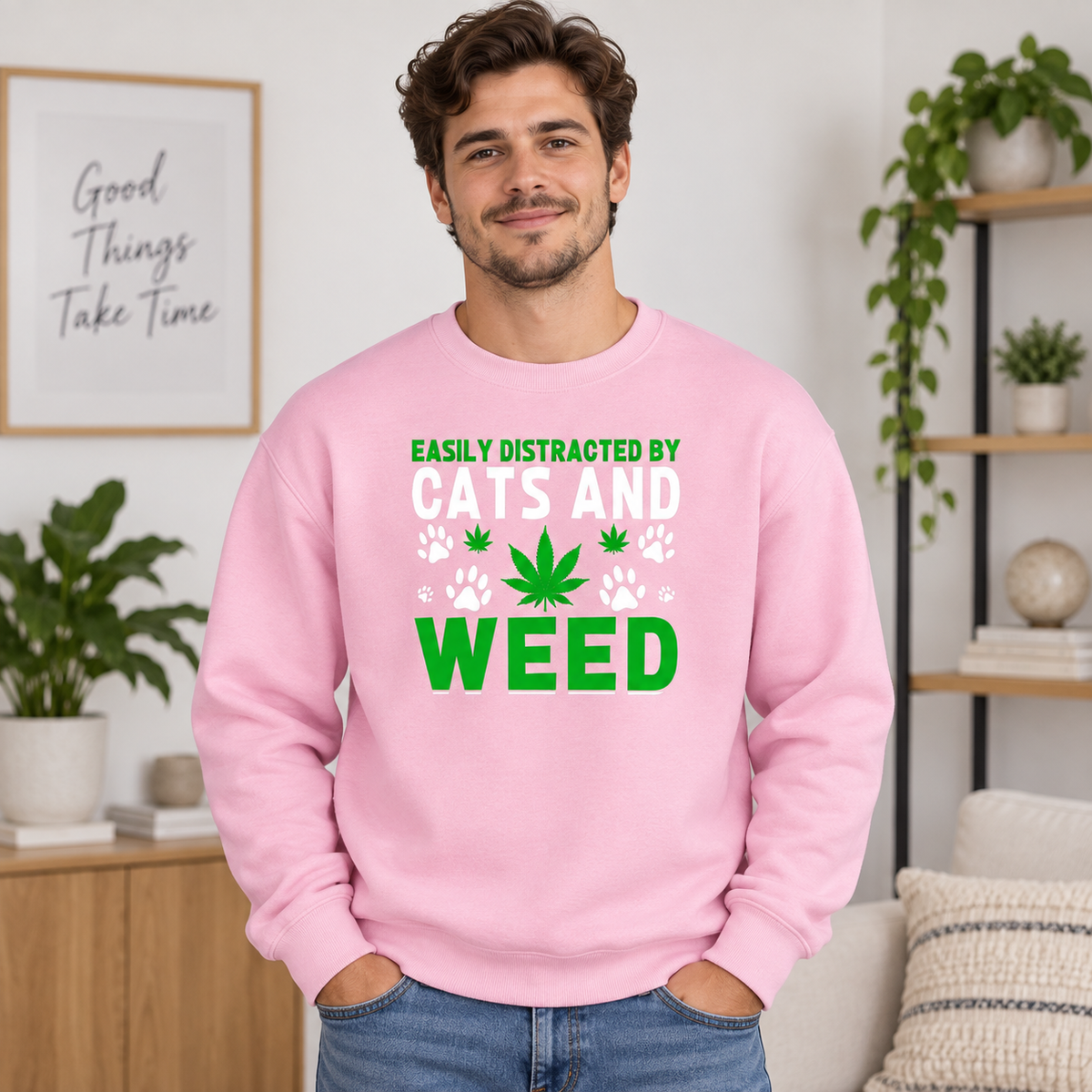 Easily Distracted By Cats And Weed Graphic Apparel on Pink Crewneck