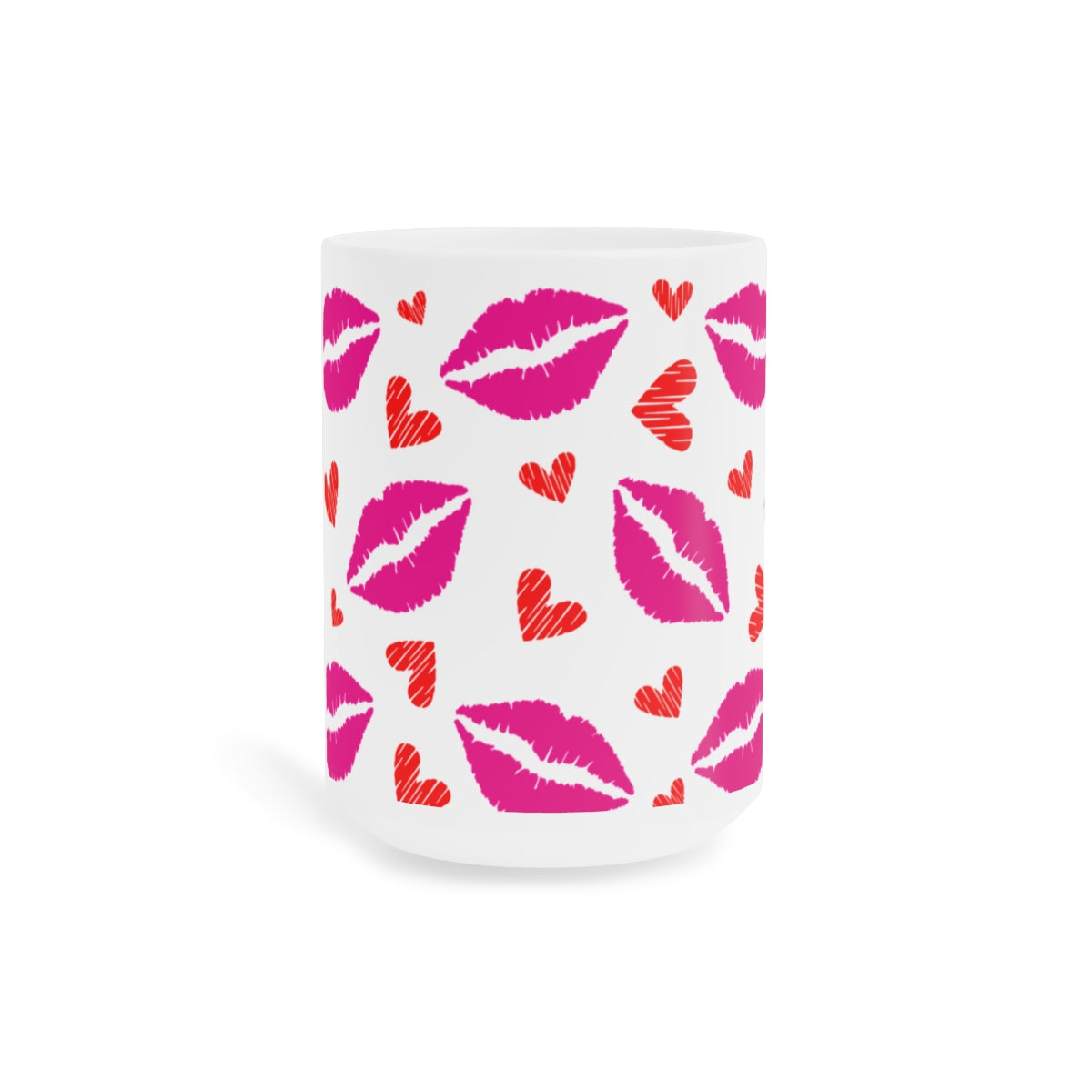 Sweet Kisses & Hearts mug with pink lip print design