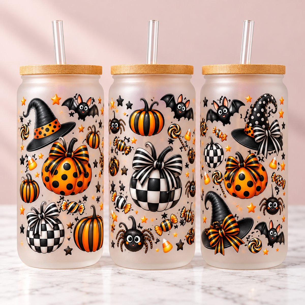 Checker & Polka Dot Pumpkin Halloween Glass Can Tumbler — frosted; complementary views of one product
