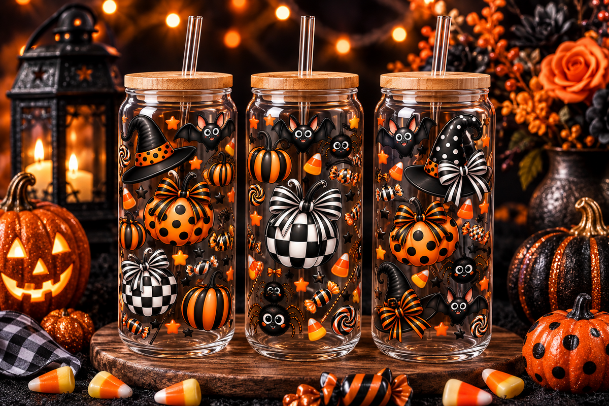 Checker & Polka Dot Pumpkin Halloween Glass Can Tumbler – alternate lifestyle view