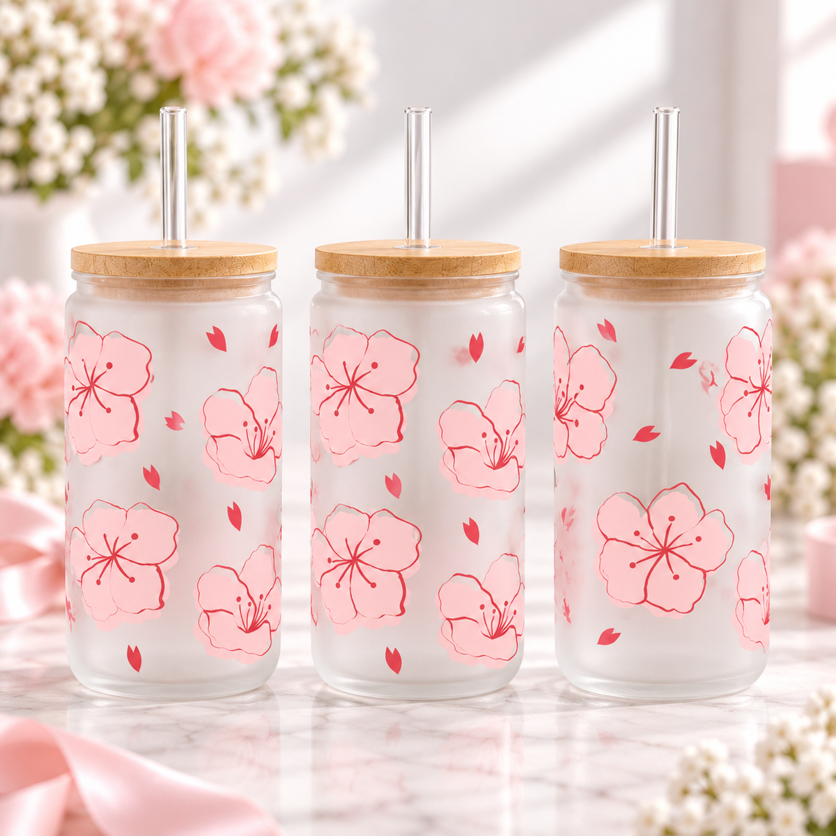 Cherry Blossom Glass Can with Bamboo Lid & Glass Straw — frosted; complementary views of one product