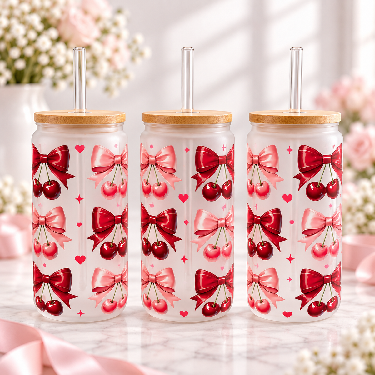 Cherry & Pink Bow Glass Can with Bamboo Lid & Glass Straw — frosted; complementary views of one product