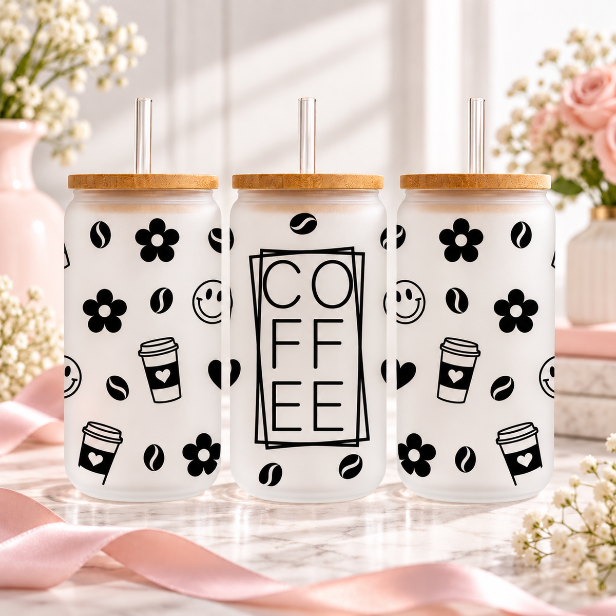 Coffee Glass Can with Bamboo Lid & Glass Straw — frosted; complementary views of one product