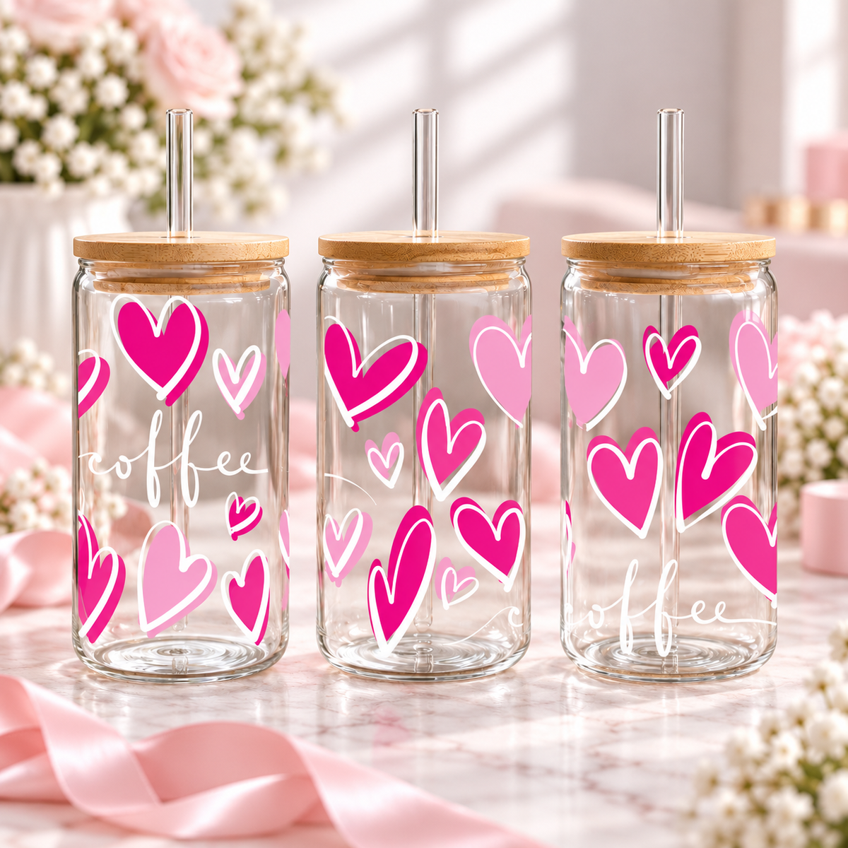 Coffee Hearts Glass Can with Bamboo Lid & Glass Straw — clear; complementary views of one product