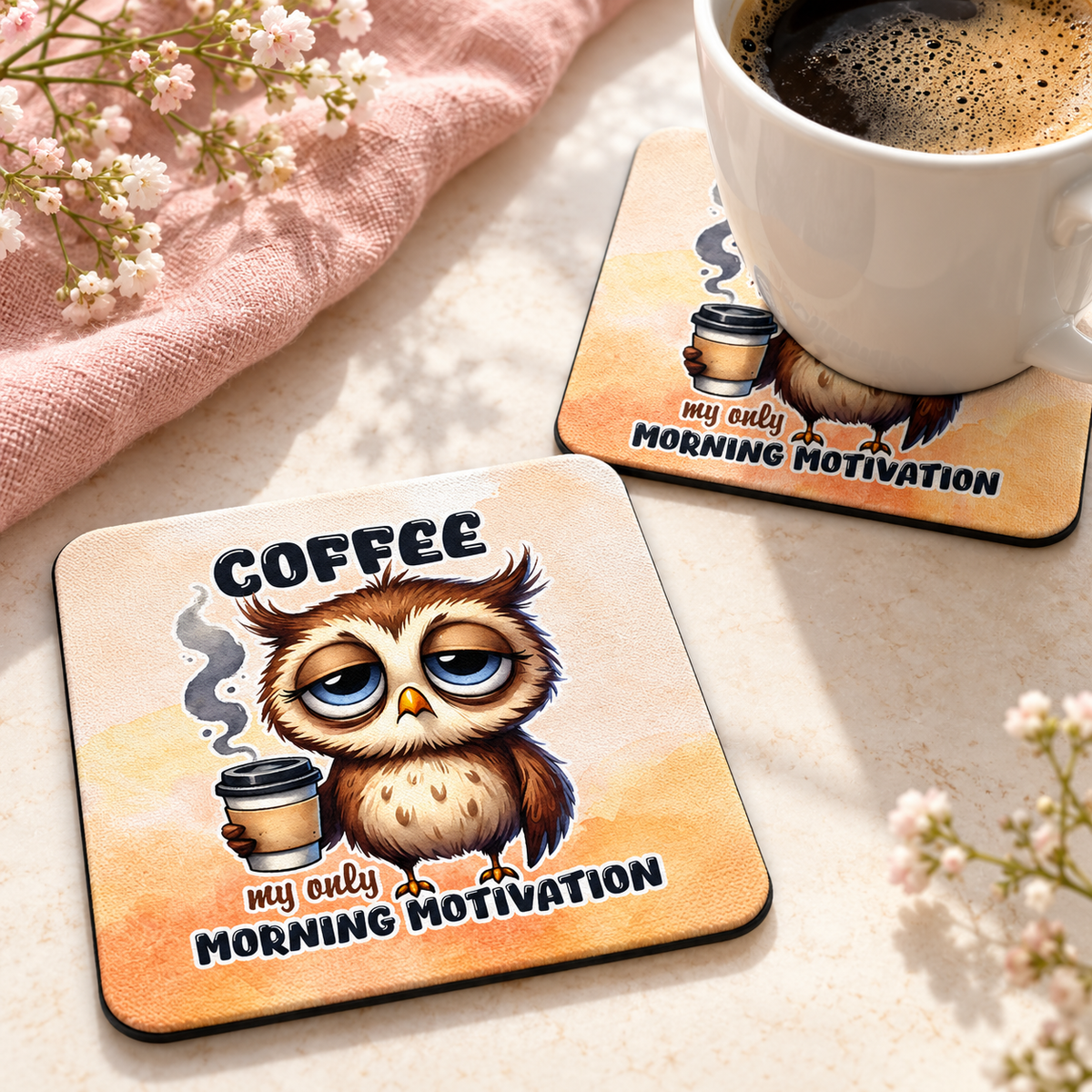 Coffee My Only Morning Motivation Owl Square coaster set of two with thin black rubber backing