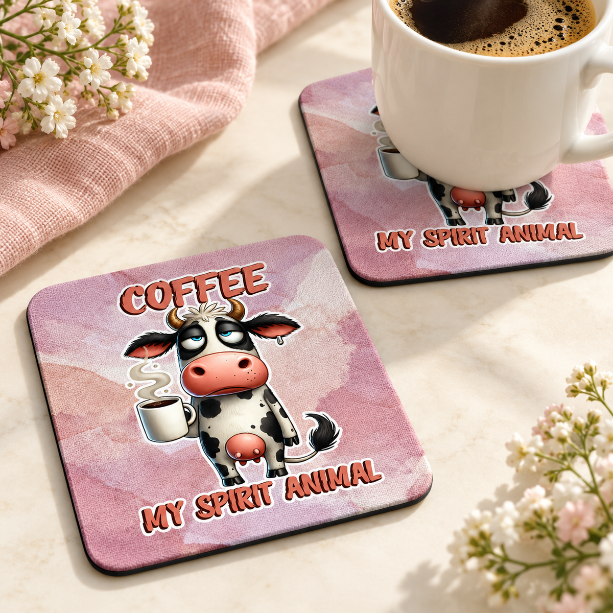 Coffee My Spirit Animal Cow Square coaster set of two with thin black rubber backing