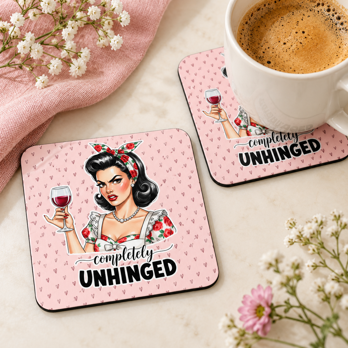 Completely Unhinged – Retro Wine square coaster set of two with thin black rubber backing
