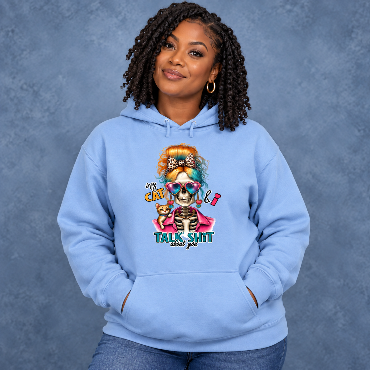 My Cat & I Talk Shit About You women’s light-blue hoodie mockup