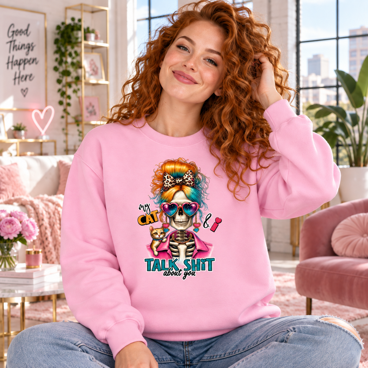 My Cat & I Talk Shit About You women’s pink crewneck mockup