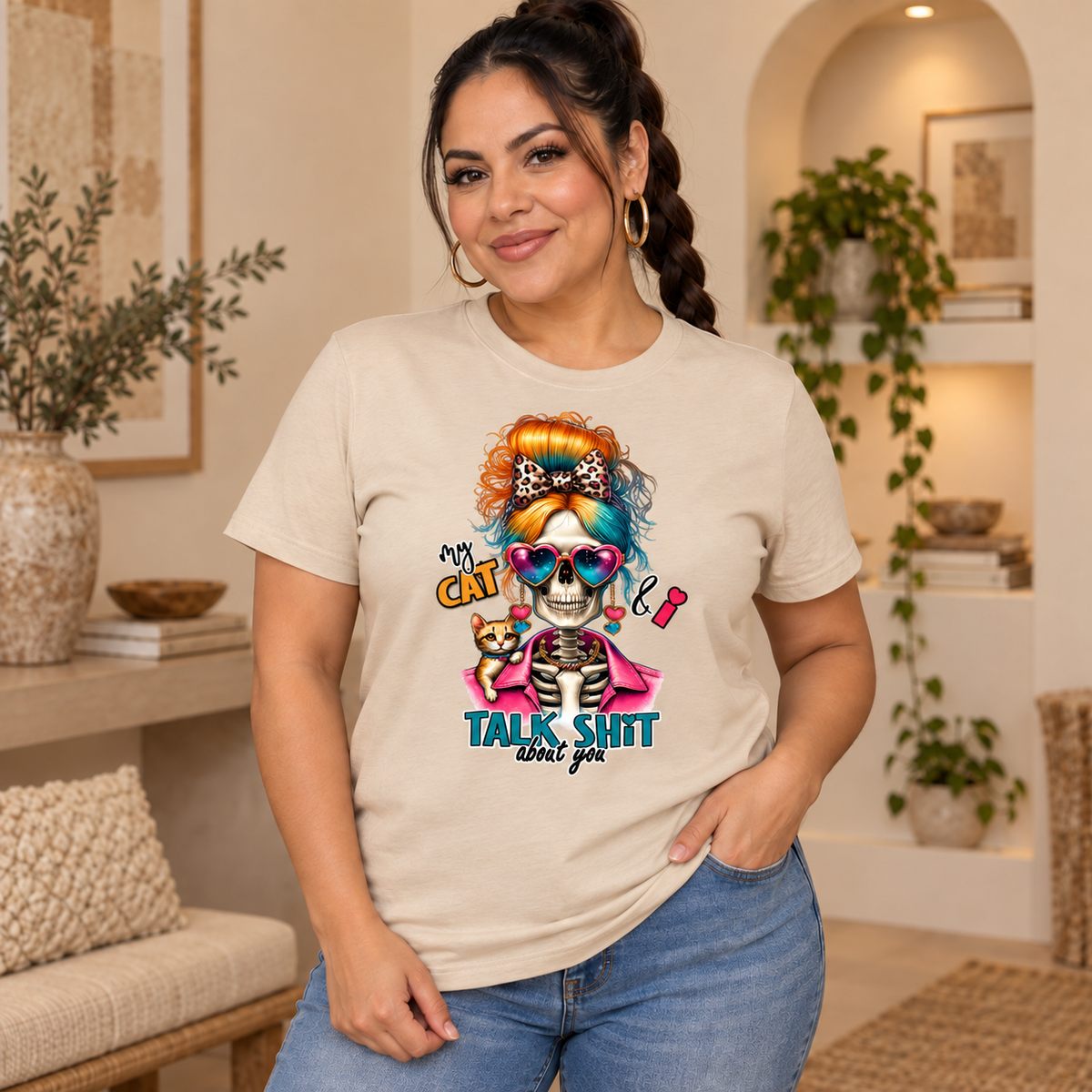 My Cat & I Talk Shit About You women’s beige T-shirt mockup