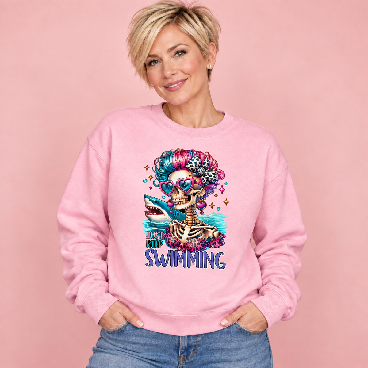 Just Keep Swimming women’s pink crewneck mockup