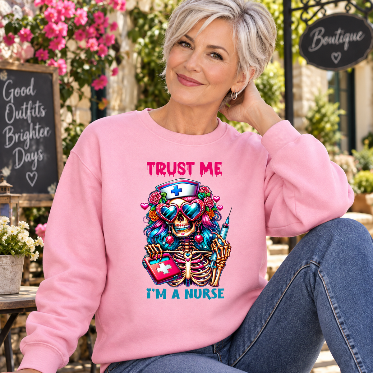 Trust Me, I'm a Nurse women’s pink crewneck mockup