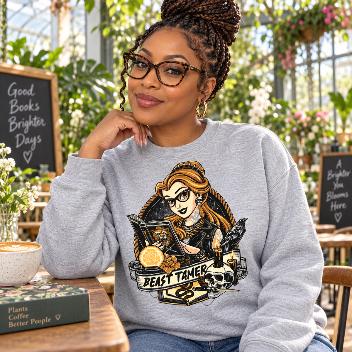 Woman wearing Beast Tamer light-grey crewneck