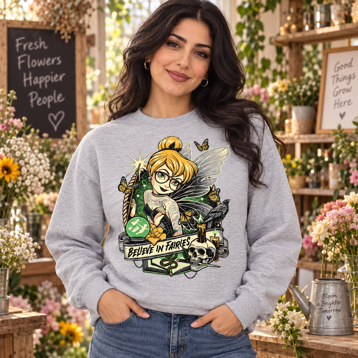 Woman wearing Believe in Fairies light-grey crewneck