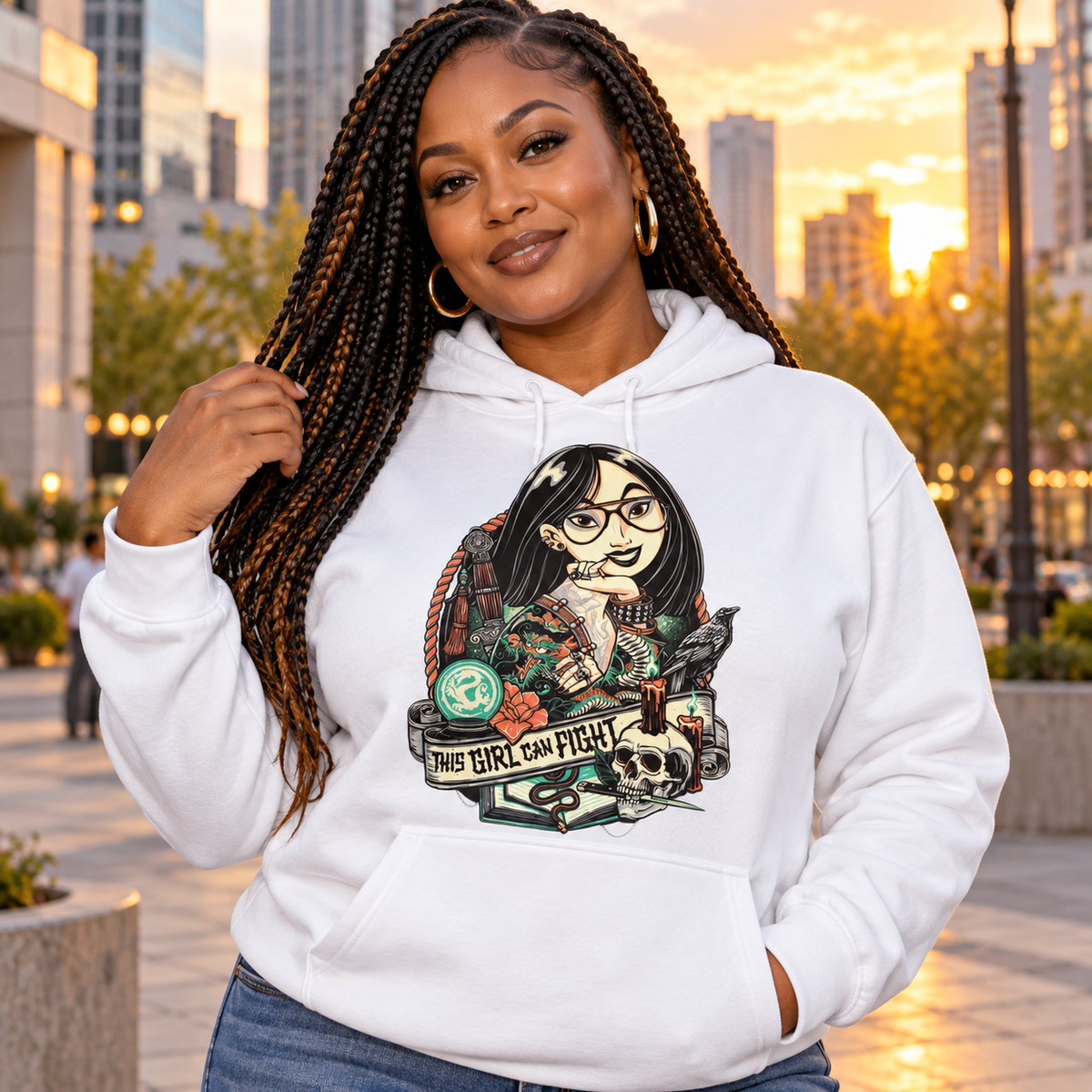 Woman wearing This Girl Can Fight white hoodie