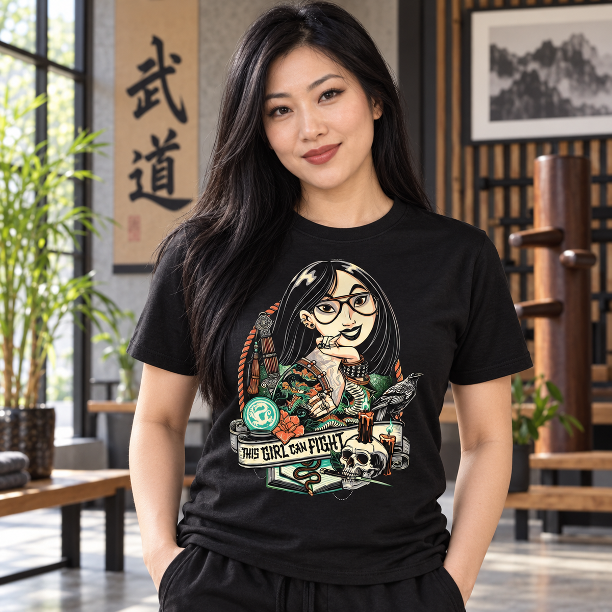 Woman wearing This Girl Can Fight black graphic T-shirt