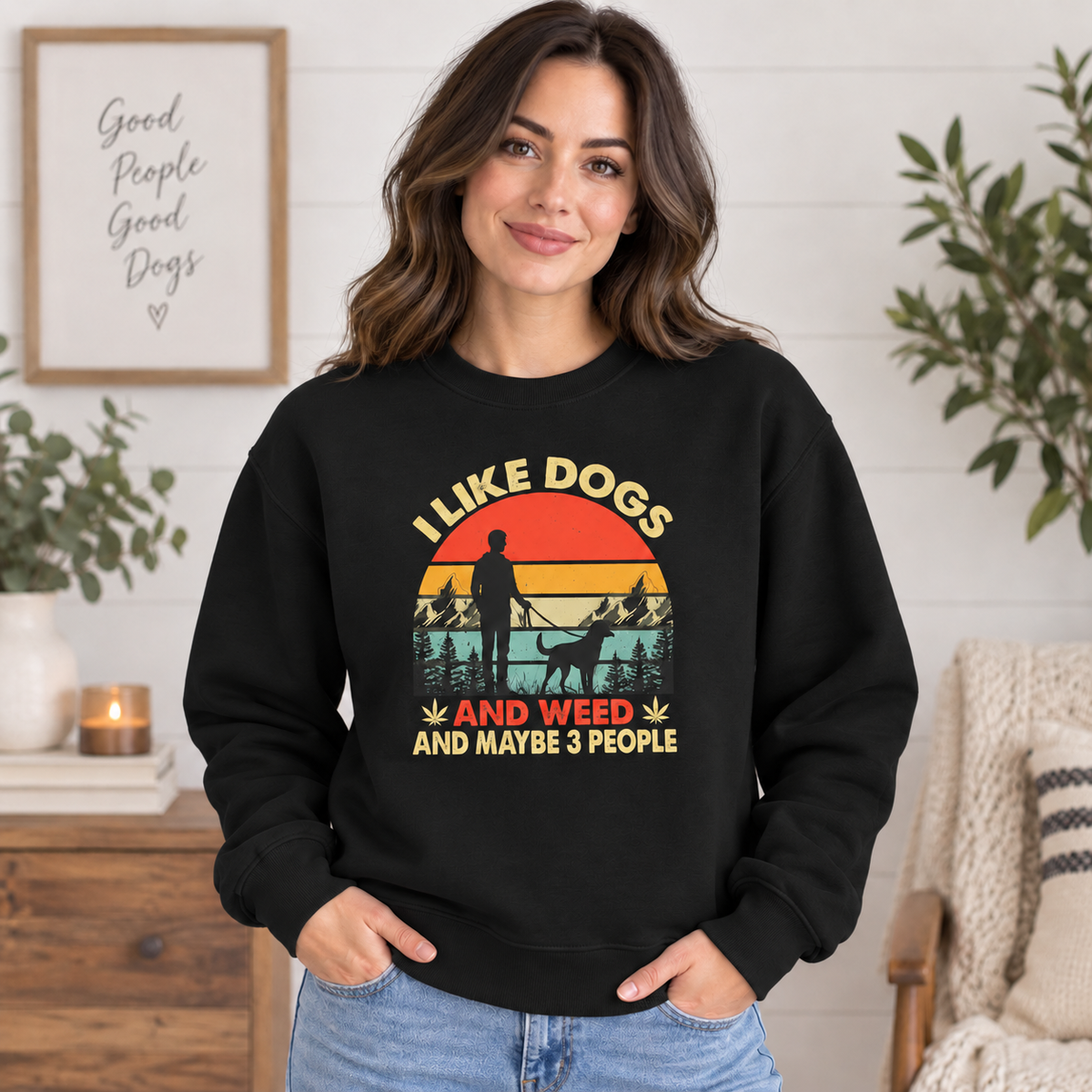 I Like Dogs And Weed Graphic Apparel on Black Crewneck