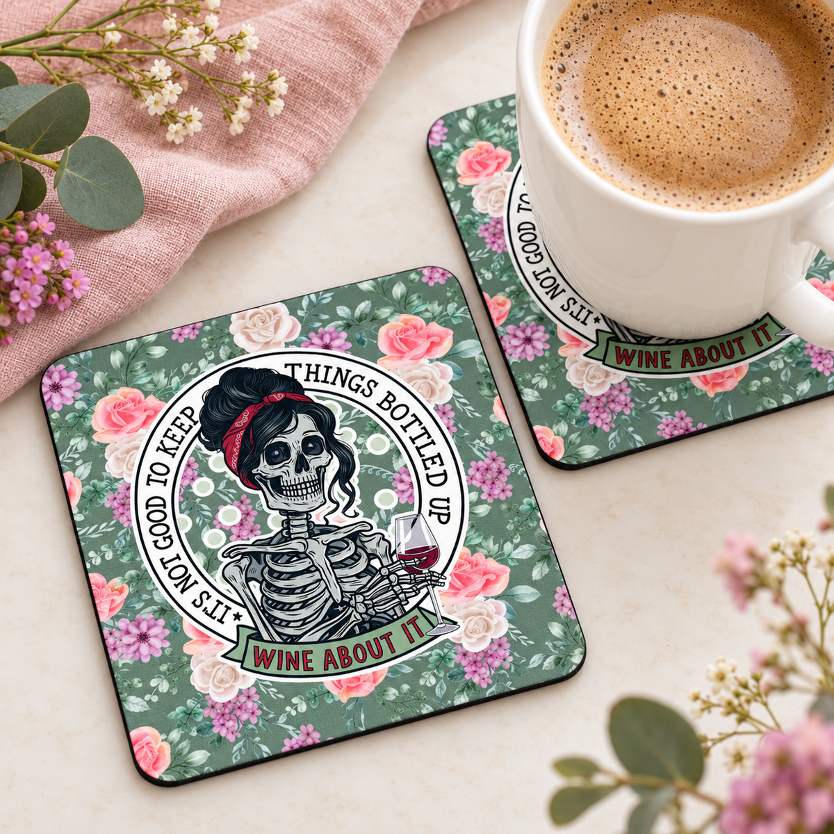 Don't Keep Things Bottled Up Wine About It square coaster set of two with thin black rubber backing