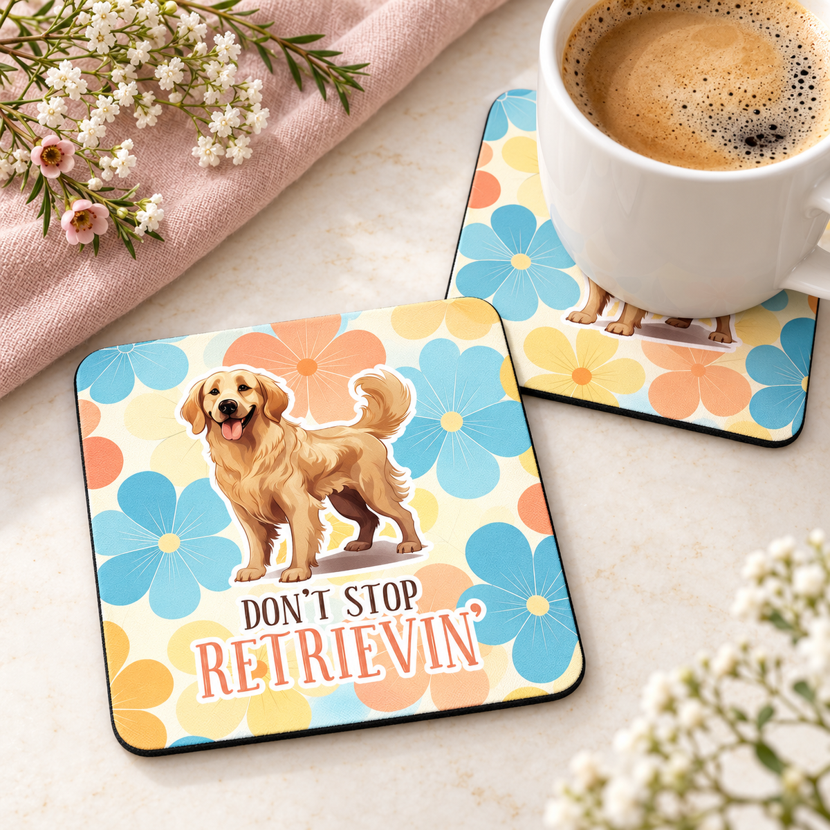 Don't Stop Retrievin' square coaster set of two