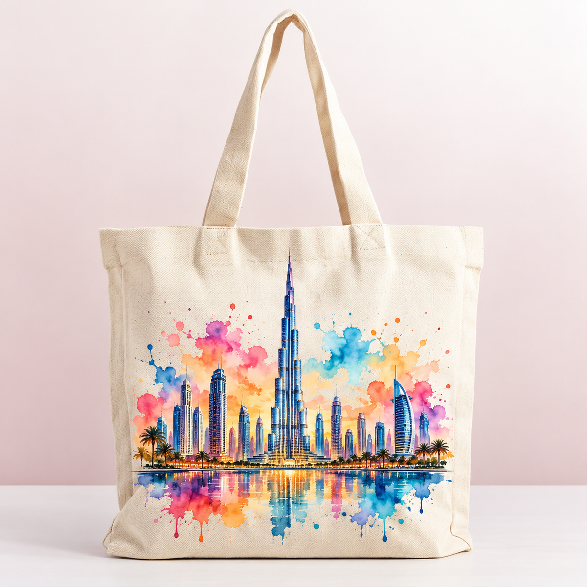 Dubai Skyline Watercolor Canvas Tote – Burj Khalifa Travel Bag — product mockup