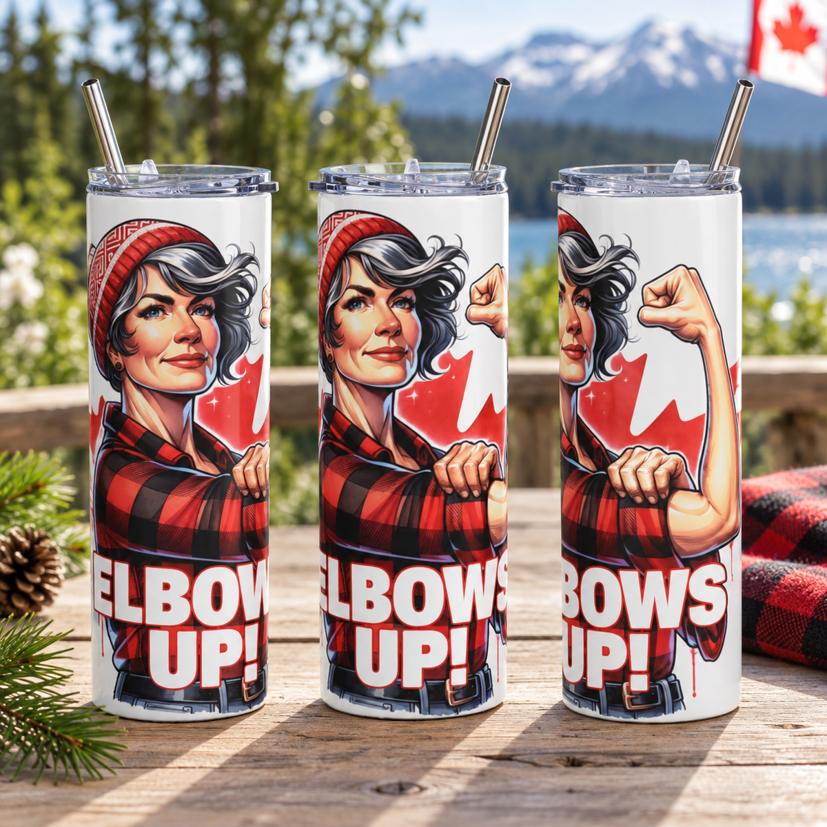 Elbows Up Canada Day 20oz Tumbler – Canadian Pride Gift – three-tumbler realistic lifestyle mockup