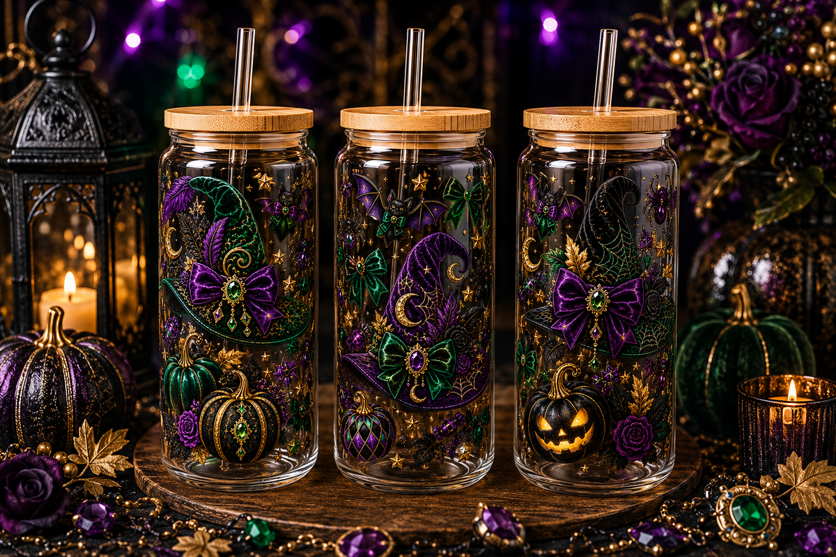 Emerald & Purple Jeweled Witch Halloween Glass Can Tumbler – alternate lifestyle view